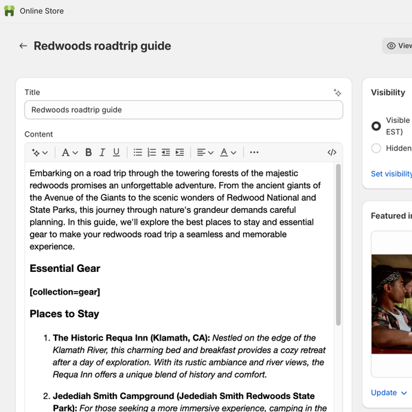 screenshot of Shopify blog editor with article content