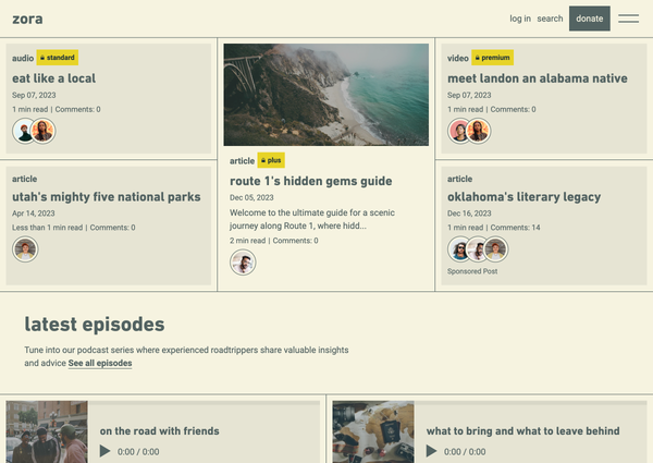 screenshot of zora theme homepage with donation button