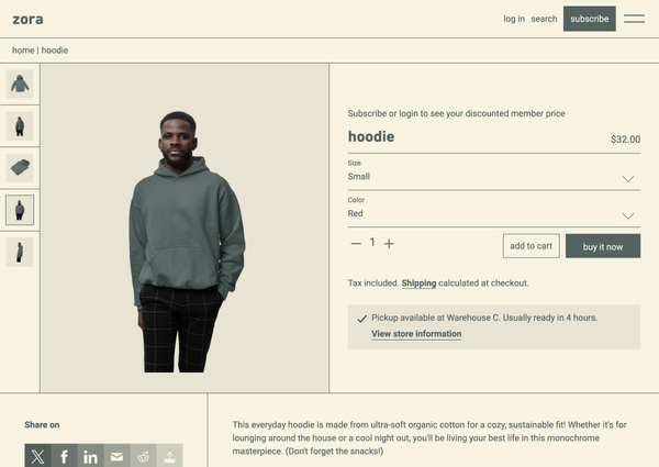 screen shot of product page on the zora theme demo store