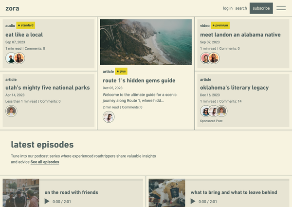 screenshot of zora theme homepage on the Shopify demo store showcasing article, video and audio blog cards