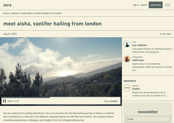 screenshot of a video blog post on the zora theme Shopify demo store